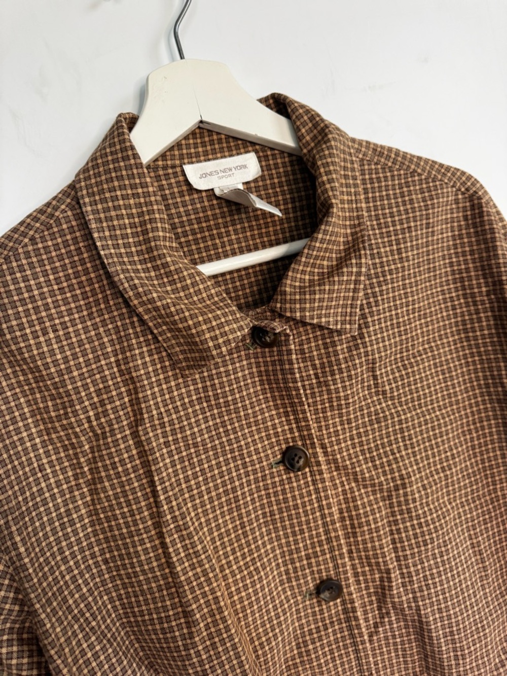Vintage Jones New York Brown Linen Cotton Blend Windowpane Button-Front Jacket - Picture 3 of 6